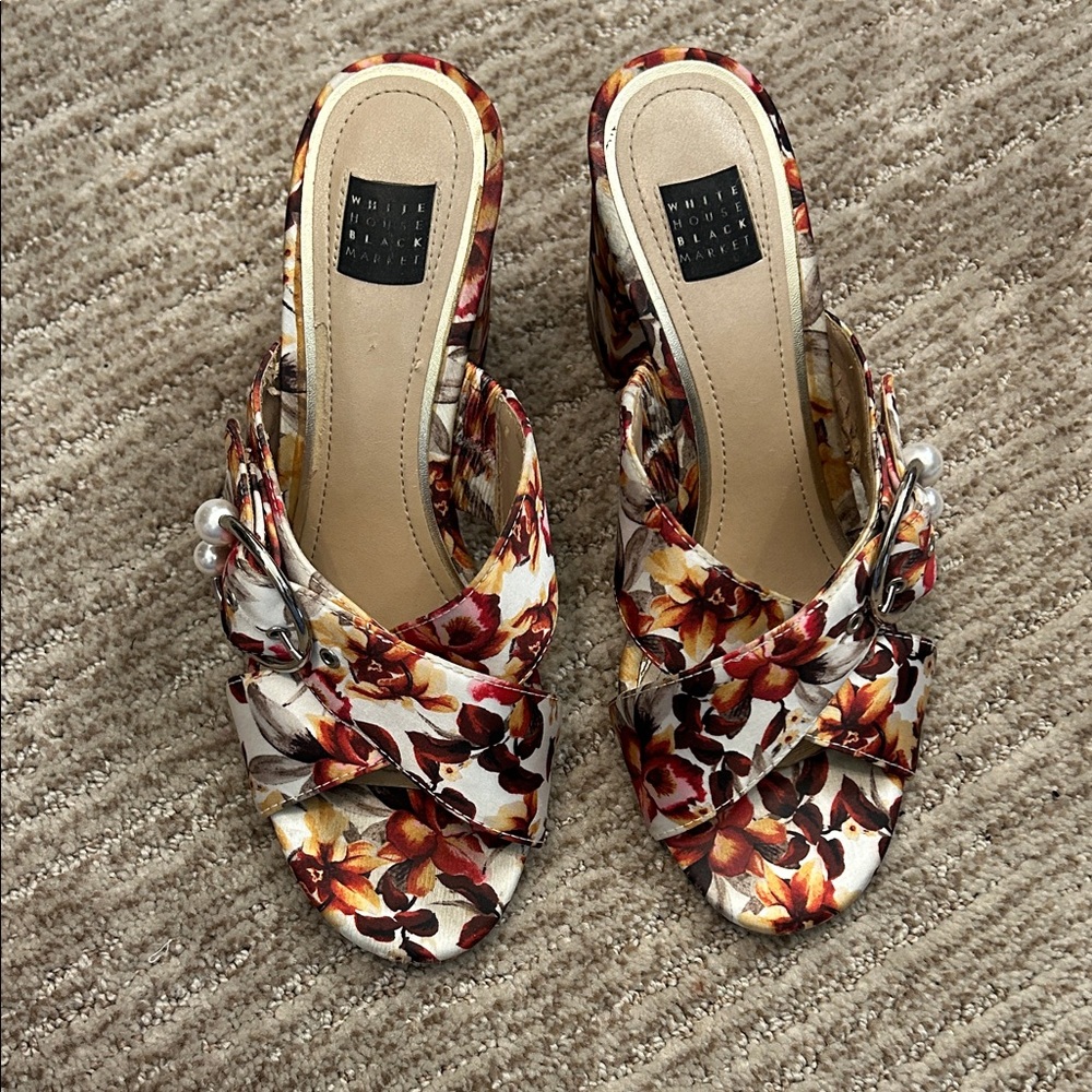 White House Black Market Floral Buckle Slide Mules in Multi Floral